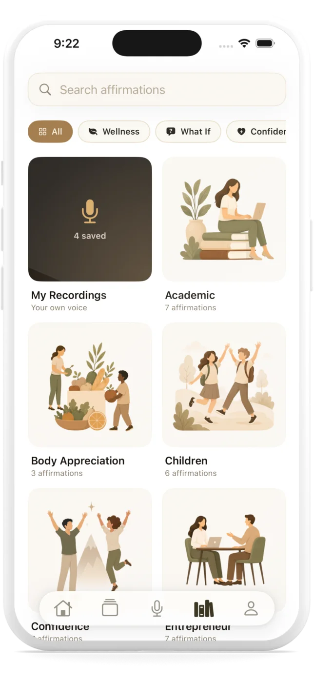 Selfpause library showing My Recordings, Academic, Body Appreciation, Children, Confidence, and Entrepreneur categories