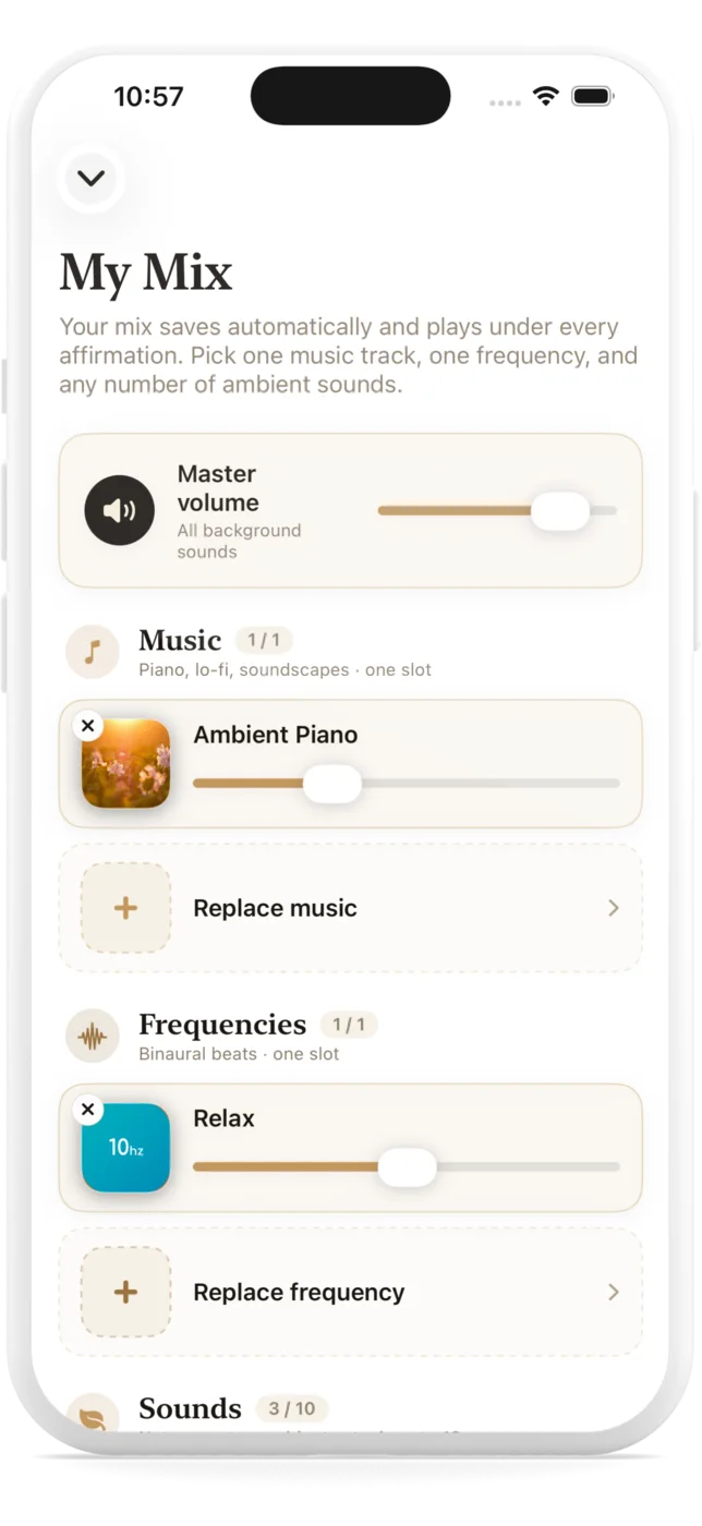 Selfpause My Mix screen with Master volume, Ambient Piano music, Relax binaural frequency, and Sounds