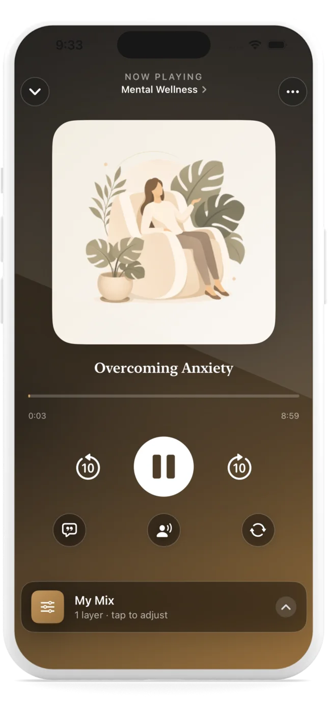 Selfpause now-playing screen showing the Mental Wellness session “Overcoming Anxiety” with My Mix layering controls