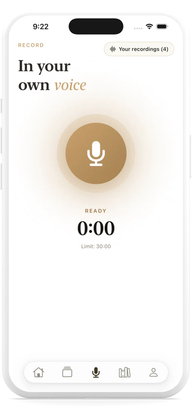 Selfpause record screen — “In your own voice” with a microphone button