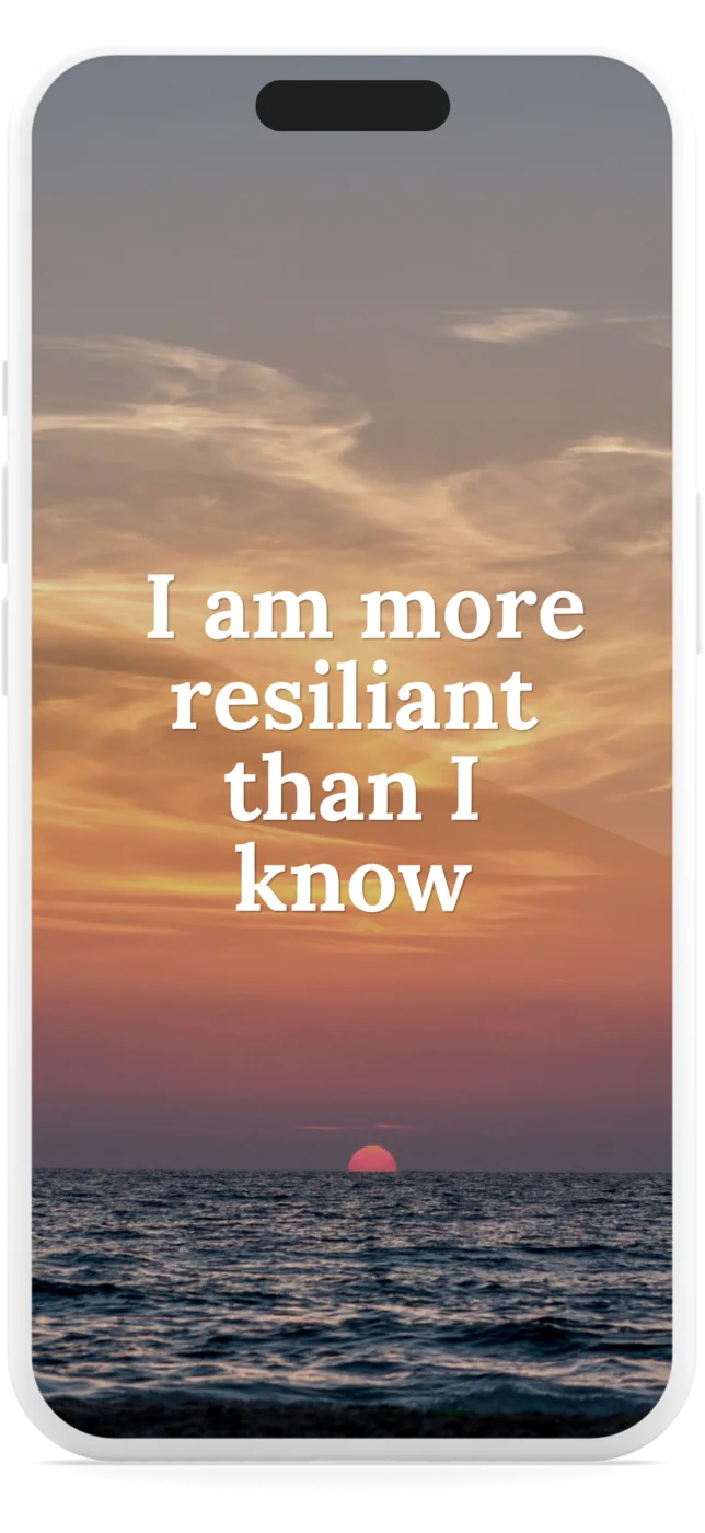 Selfpause visualize card “I am more resilient than I know” rendered in serif type over a warm sunset photograph