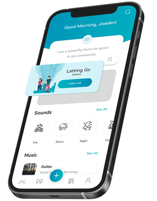 Selfpause app showing morning affirmations, ambient sounds, and meditation music